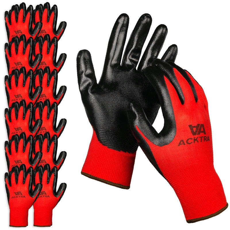 ACKTRA Nitrile Coated Safety WORK GLOVES 12 Pairs, WG003 Red/Black, Medium - Image 1